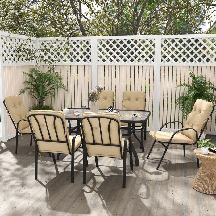 7 Piece Garden Dining Set - Outdoor Table with Tempered Glass Top and Umbrella Hole, 6 Beige Texteline Armchairs with Cushions - Ideal for Patio Entertaining and Family Meals