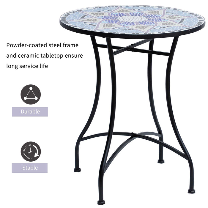 Outdoor Mosaic Accent Table - 60cm Ceramic-Topped Round Bistro & Coffee Table in Blue and White - Ideal for Garden & Patio Entertaining