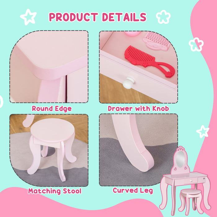 Kids Vanity Set with Stool - Girls Pink Dressing Table, Makeup Desk with Chair and Mirror - Play Dresser for Children's Imaginative Play