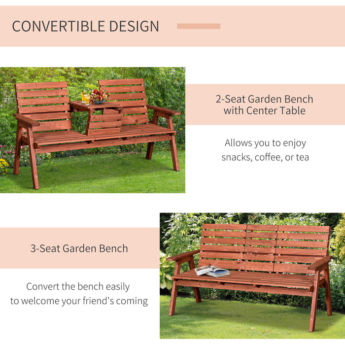 Convertible Wooden Garden Bench - 2-to-3 Seater, Companion Loveseat with Center Table - Perfect for Patio and Outdoor Seating