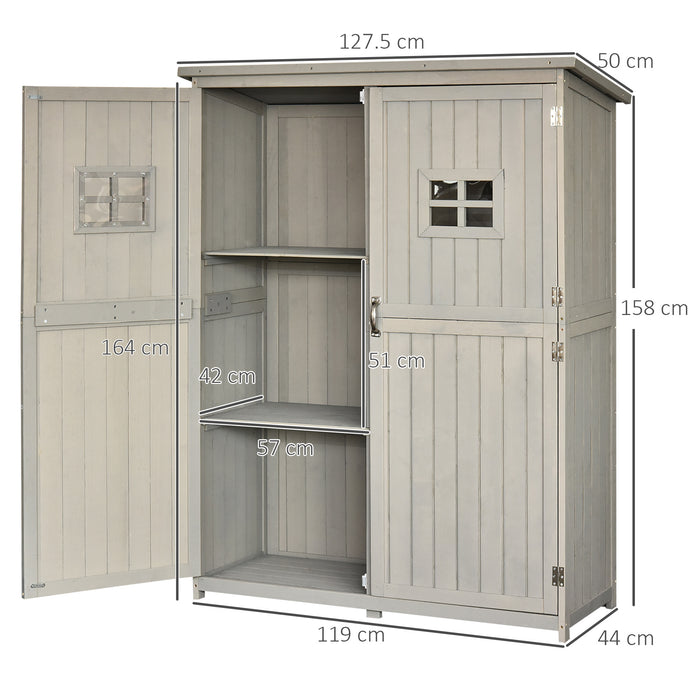 Outsunny Wooden Tool Shed - Double Window Garden Storage Cabinet, 127.5x50x164cm, Grey Finish - Ideal for Outdoor Equipment Organization