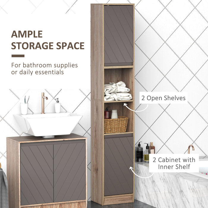 Freestanding Tall Bathroom Storage Cabinet - Dual-Tone Grey & Oak Brown with Anti-Tipping Base, Cupboards & Compartments - Space-Saving Organizer for Bathroom Essentials