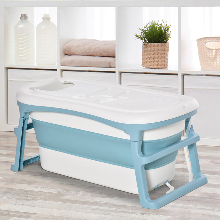 Collapsible Toddler & Kids Bathtub - Portable, Non-Slip Design with Top Cover, For Ages 1-12, in Blue - Ideal for Small Spaces & Travel Convenience