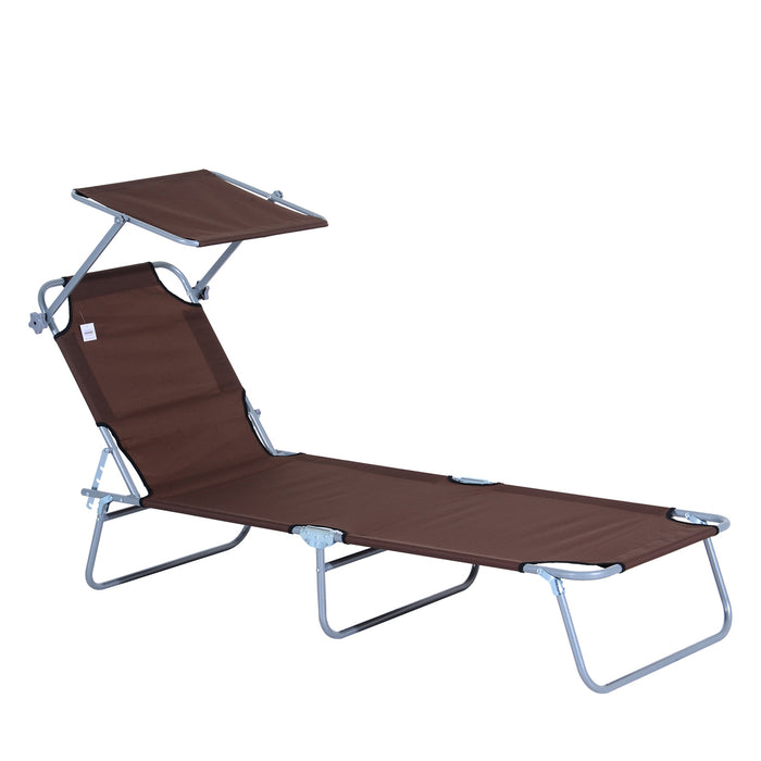 Folding Sun Lounger with Adjustable Reclining Chair - Beach and Garden Patio Recliner with Sun Shade Canopy, Brown - Ideal for Outdoor Relaxation and Sunbathing