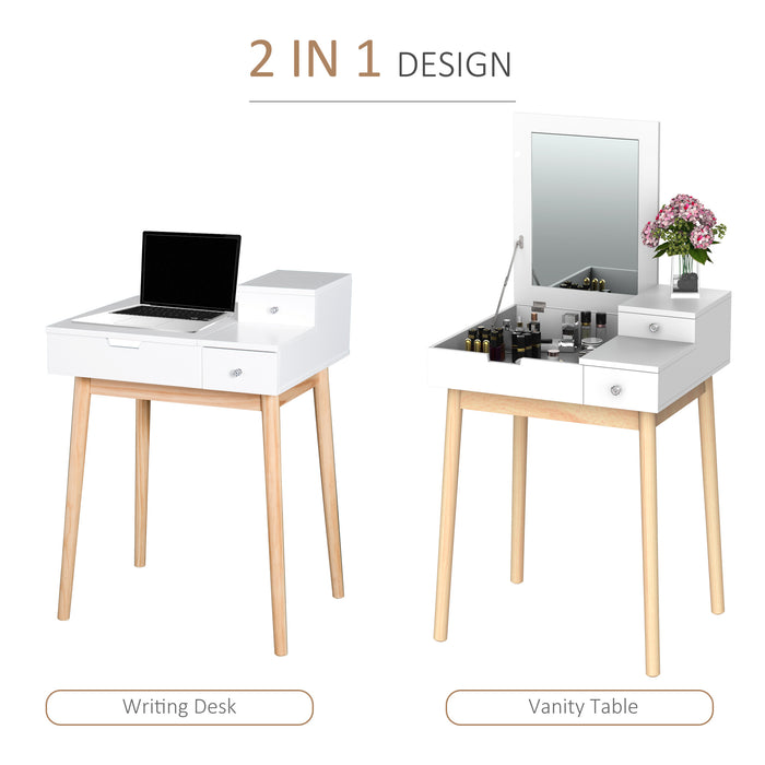 Modern MDF and Pine Dressing Table with Flip-Up Mirror - Versatile Desk with 2 Drawers in Sleek White Finish - Ideal for Bedroom Makeup Station and Work Area