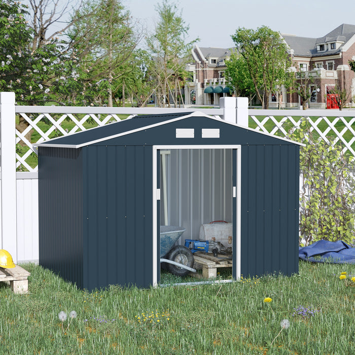 Outdoor Garden Roofed Metal Storage Shed 9x6FT - Tool Box with Foundation, Ventilation, and Doors in Dark Grey - Ideal for Equipment and Tool Organization