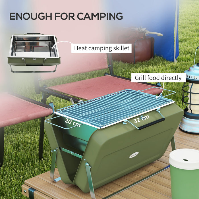 Foldable Mini Charcoal BBQ Grill in Green - Compact Suitcase Design for Easy Transport - Ideal for Picnics, Camping and Outdoor Cooking