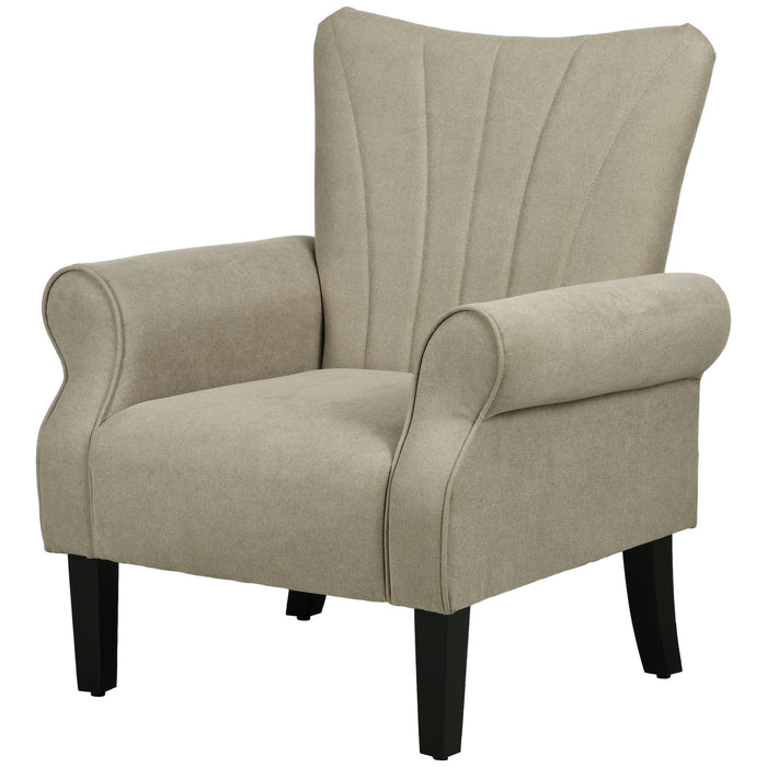 High-Back Upholstered Accent Chair - Beige Padded Armchair with Rolled Arms and Wooden Legs - Elegant Comfort for Living Room or Office