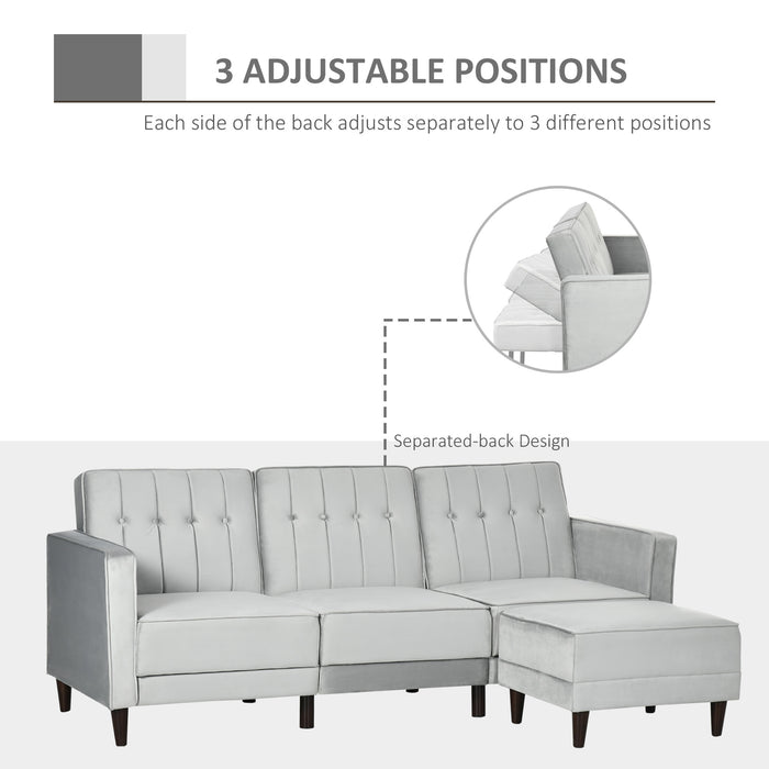 L-Shape Sleeper Sofa Set with Matching Ottoman - 3-Seater Convertible Couch and Footrest in Light Grey - Ideal for Living Room and Space Optimization