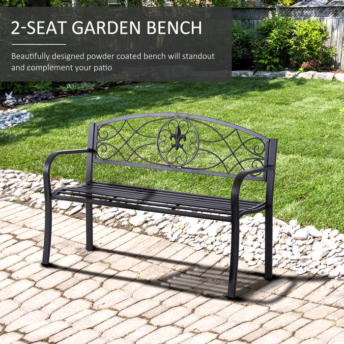 Outdoor Patio Loveseat Bench - 2-Seater Metal Garden Furniture, Black Porch Park Chair - Ideal for Yard and Outdoor Seating 129L x 91H x 50W cm