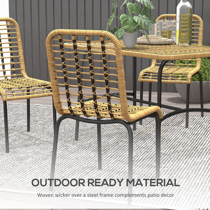 5-Piece Rattan Outdoor Dining Ensemble - Tempered Glass Tabletop with Hollowed-Out Pattern, Natural Wood Finish - Ideal for Patio and Conservatory Spaces