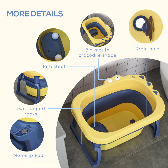 Collapsible Crocodile Baby Bath Tub - Non-Slip, Portable Design with Stool Seat - Ideal for Newborns to 6-Year-Old Children Toddlers