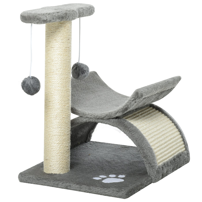 Cat Tree Playground with Sisal Scratching Post - Multi-Level Tower with Rotatable Bar, Tunnel & Dangling Toys for Kittens - Compact Grey Cat Condo for Play & Rest