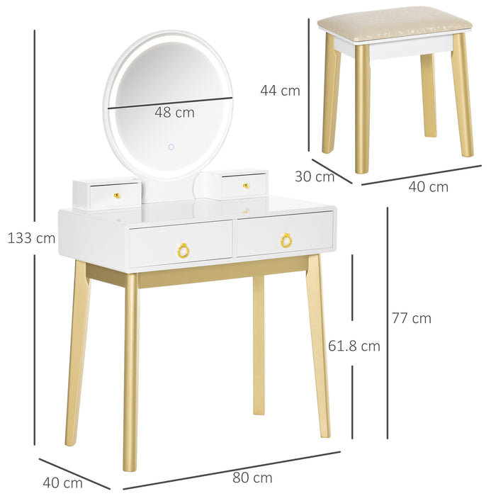 Vanity Makeup Table Set with 3-Color LED Mirror - Bedroom Dressing Table with Storage, 4 Drawers & Cushioned Stool - Elegant White Dresser for Beauty & Organization Needs