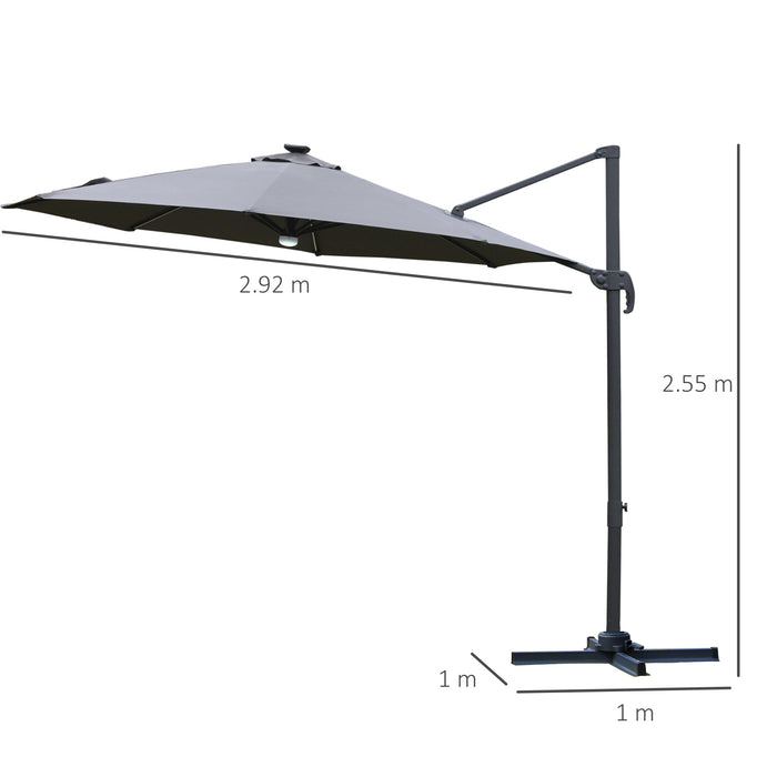 Cantilever Roma Umbrella with LED Solar Light - 3m Outdoor Patio Sun Shade, Cross Base, 360° Rotation, Grey - Ideal for Garden Illumination and Protection