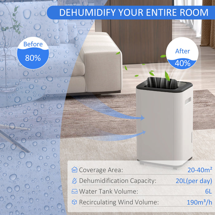 Portable 6000mL Dehumidifier with Timer and Modes - 20L Daily Capacity, 3 Settings, 24-Hour Control - Ideal for Home, Basement, and Laundry Room Moisture Removal