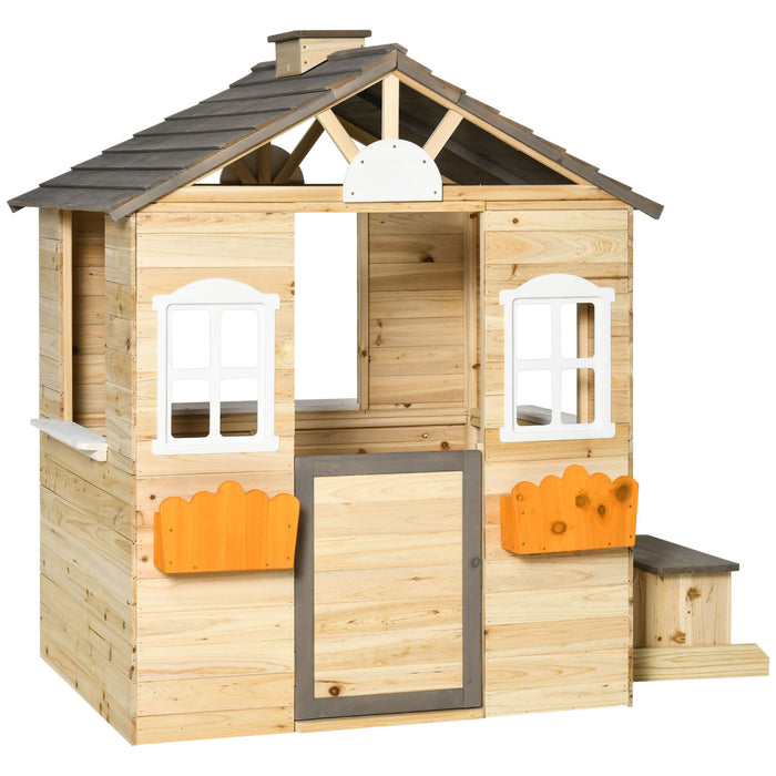 Outdoor Wooden Playhouse for Children - Working Door, Windows, Bench, Service Station, Flower Pot Holder - Ideal Garden Cottage for Kids Ages 3-7