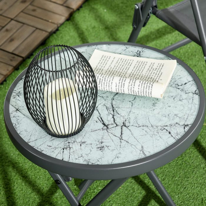 45cm Round Outdoor Side Table - Folding Patio Table with Imitation Marble Glass Top, Compact White Coffee Table - Ideal for Small Spaces & Garden Decor