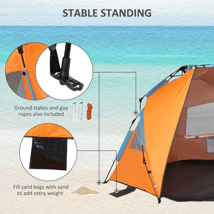 Pop Up Beach Tent with Extended Porch - Easy Setup Sun Shelter with Sandbags and Mesh Screen Windows - Portable Canopy for Solo or Duo Beachgoers