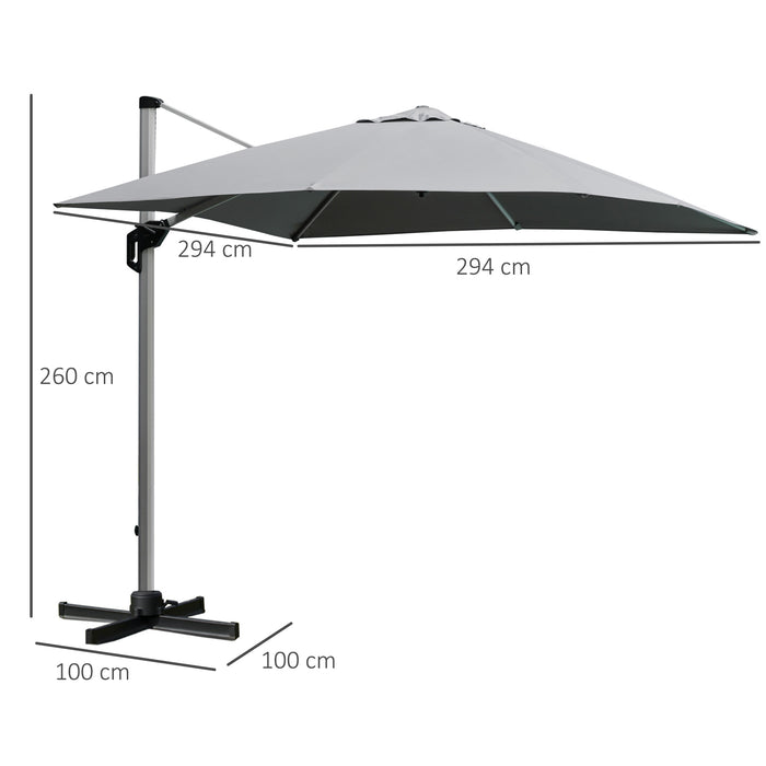 Cantilever Roma Parasol - 3m Square Sun Canopy with 360° Rotation, Aluminum Frame & Cross Base - Ideal for Garden Patio Sun Protection in Light Grey