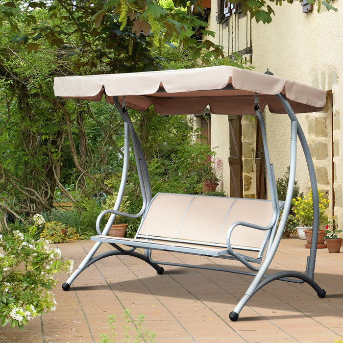 3-Seater Steel Porch Swing Chair with Canopy - Durable Outdoor Patio Bench, Adjustable Top Shade - Comfort Seating for Garden, Deck or Backyard, Beige