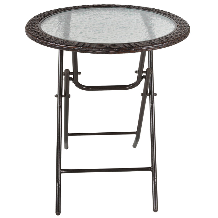 Folding Tempered Glass Table with Metal Frame and Rattan Trim - Round Outdoor Dining and Patio Furniture - Ideal for Garden, Balcony, and Deck Entertaining