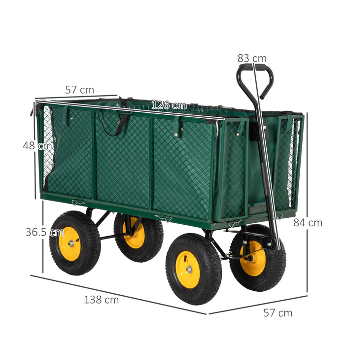 Heavy Duty Garden Trolley Cart with 4 Large Wheels - Durable Metal Frame Wheelbarrow with Handle, Green - Ideal for Gardening and Landscaping Transport Tasks