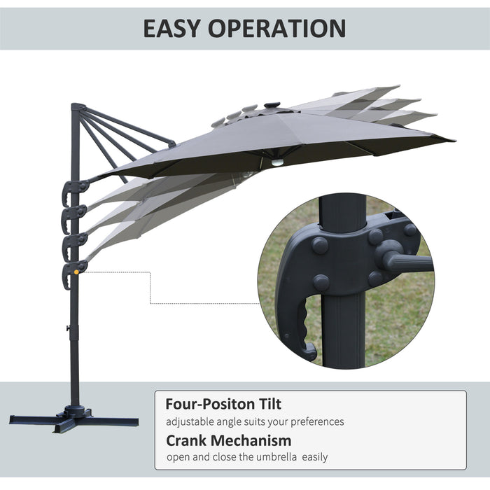 Cantilever Roma Umbrella with LED Solar Light - 3m Outdoor Patio Sun Shade, Cross Base, 360° Rotation, Grey - Ideal for Garden Illumination and Protection