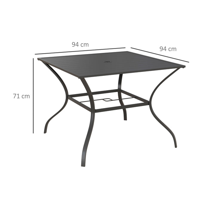 Outdoor Dining Table with Parasol Hole - 94cm Square Slatted Metal Top in Dark Grey - Perfect for Garden Parties and Family Meals