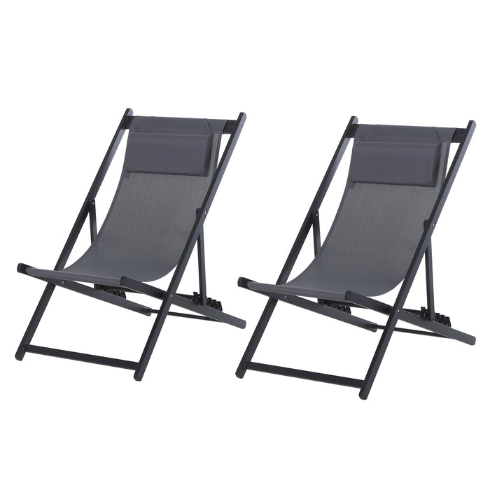 Folding Garden Beach Deck Chair Duo - Grey Patio Loungers with Seaside Appeal - Ideal for Outdoor Relaxation and Sunbathing