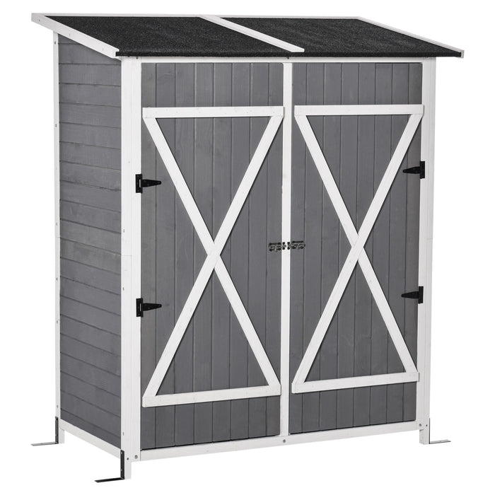 Garden Tool Storage Solution - Multifunctional Lockable Shed with Table, Hooks, and Ground Nails - Ideal Organizer for Outdoor Equipment, 139x75x160cm, Grey