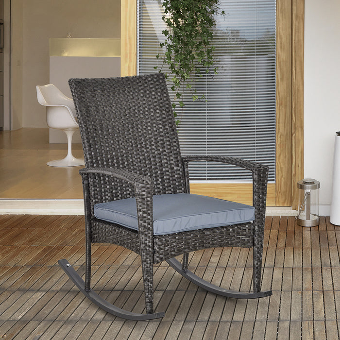 PE Rattan Rocking Chair with Cushion - Grey Outdoor Garden Furniture, Durable & Comfortable - Ideal for Patio Relaxation and Porch Lounging