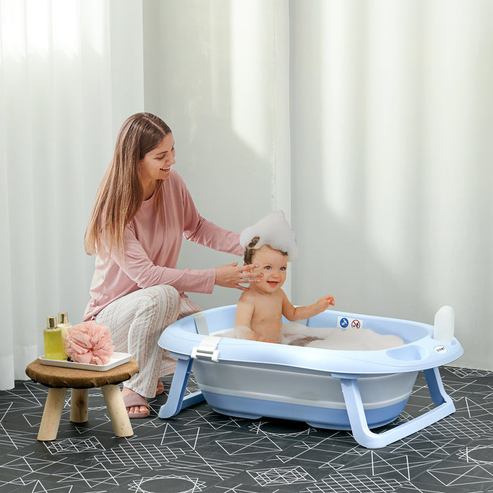 Foldable Baby Bath Tub with Safety Features - Non-Slip, Cushioned, Drain Plug, & Shower Holder - Ideal for Newborns to Toddlers up to 6 Years, Blue