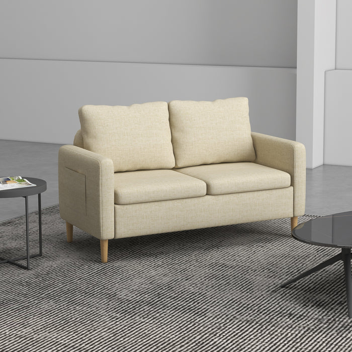 Modern 143cm Beige Loveseat - 2-Seater Fabric Sofa with Wood Legs and Dual Pockets - Ideal for Living Room, Bedroom, or Home Office