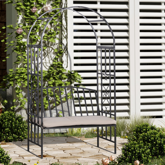 Outdoor Metal Arch Bench with Cushion - Patio Rose Trellis Arbour Chair, Climbing Plant Support - Garden Pergola Seating for Relaxation and Landscaping