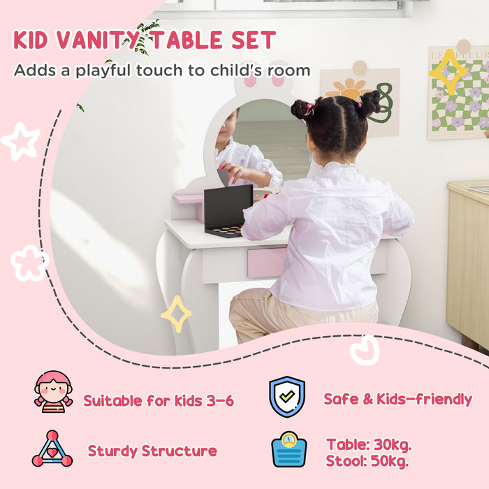 Bunny-Design Children's Vanity Set - Play Dressing Table with Mirror and Matching Stool, White and Pink - Perfect for Creative Play and Dress-Up Fun