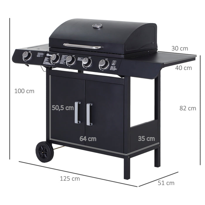 4+1 Gas Burner Grill - Outdoor BBQ Trolley with Smoker and Side Burner - Ideal for Backyard Garden Cooking with Storage and Mobility Wheels