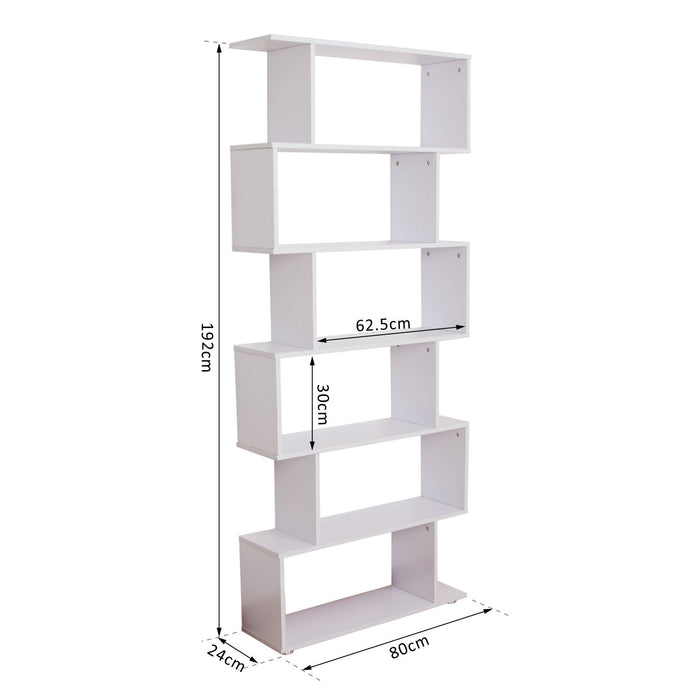 6-Tier S-Shaped Wooden Bookshelf - Open Concept Display & Storage Unit, White Finish - Ideal for Home Office and Living Room Organization