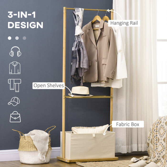 Bamboo Clothes Rail & Coat Stand with Shelves - Elegant Garment Rack with Fabric Storage Box - Ideal for Bedroom & Hallway Organization