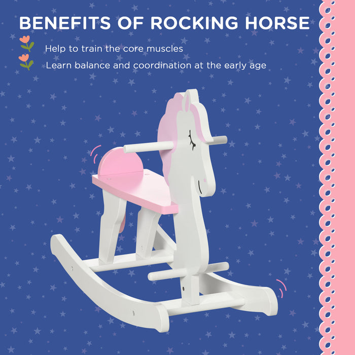 Kids Wooden Rocking Horse - Classic Ride-On Toy with Handlebar and Foot Pedals - Ideal Traditional Rocker for Toddlers Ages 1-3, Pink