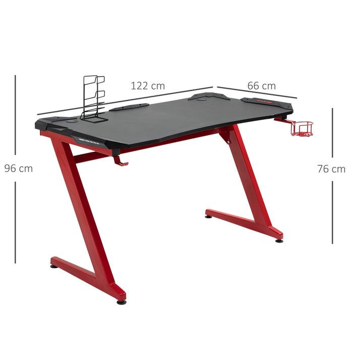 Ergonomic Gaming Desk with Headphone Hook & Cup Holder - Sturdy Home Office Workstation in Black and Red - Perfect for Gamers and Remote Workers, 122x66x86 cm