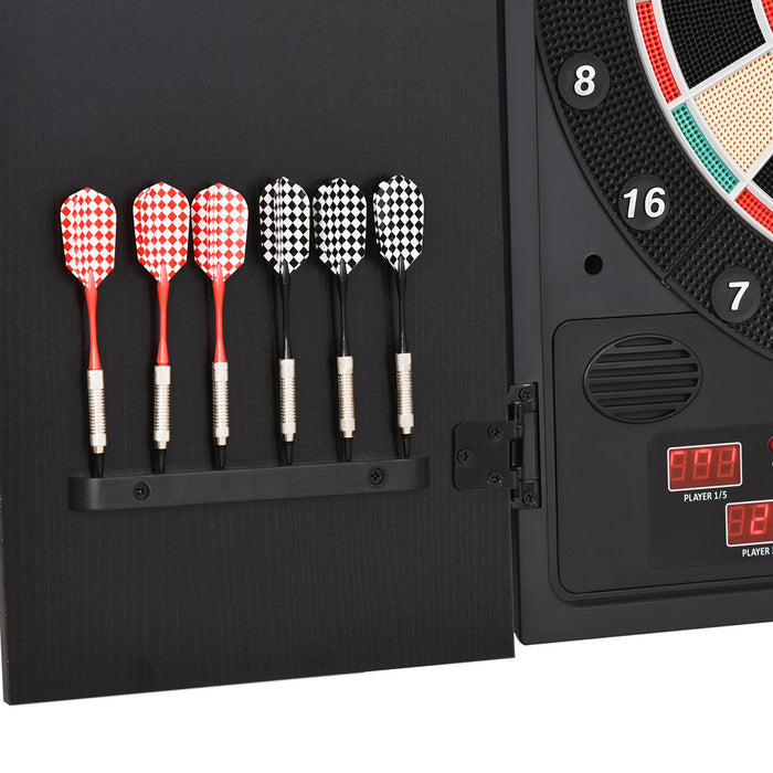 Electronic Dartboard with LED Scoreboard - Includes 12 Darts, 30 Heads, and Side Storage Cabinet - Classic Family Game for Home Entertainment in Black & White