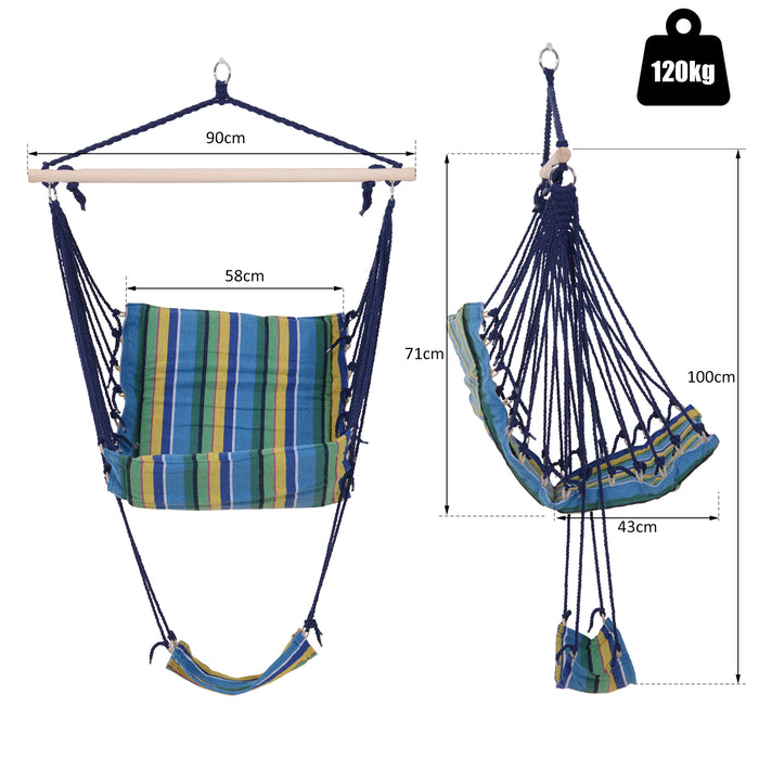 Outdoor Cotton Rope Hammock Chair - Blue Striped Patio Swing Seat with Wooden Footrest - Ideal for Garden, Yard, and Deck Relaxation