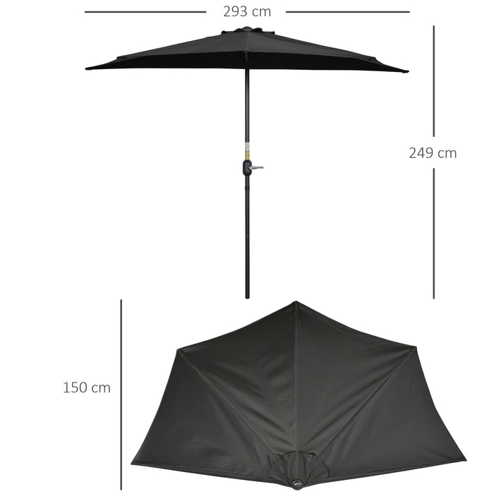 Half Parasol 3m Diameter - Semi-Circular Outdoor Umbrella with Metal Frame and Crank Handle, Black - Ideal for Balconies and Compact Spaces (Base Not Included)