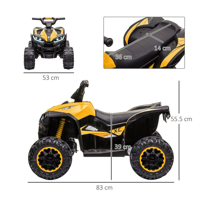 12V Quad Bike ATV Ride-On Toy with Multiple Speeds and Slow Start - Forward/Reverse, Suspension, Horn, Music Features in Vibrant Yellow - Perfect Outdoor Fun for Kids