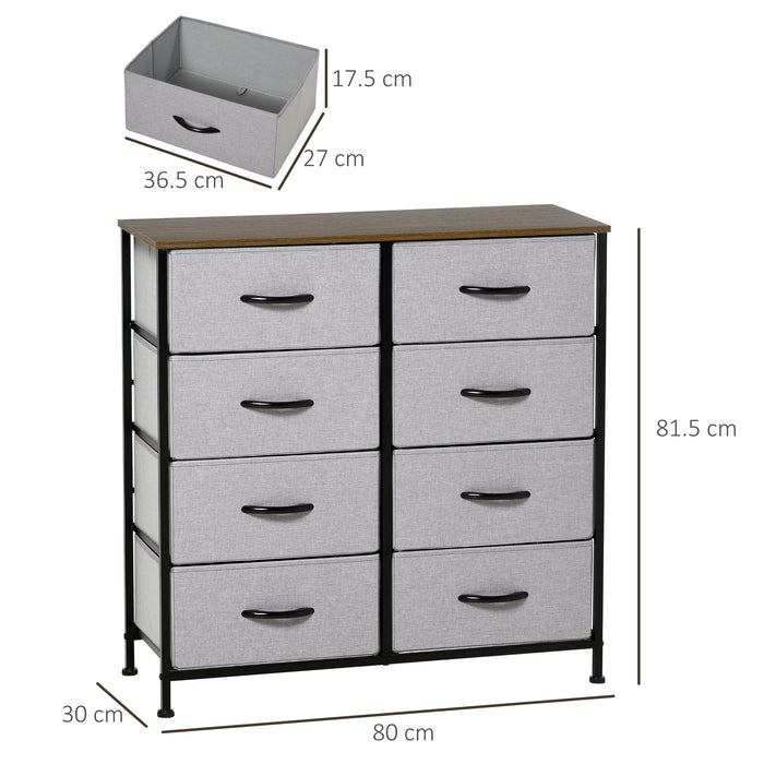 Industrial Bedroom Dresser - 8-Drawer Fabric Storage Organizer with Steel Frame and Wooden Top - Ideal for Nursery and Living Room, Grey