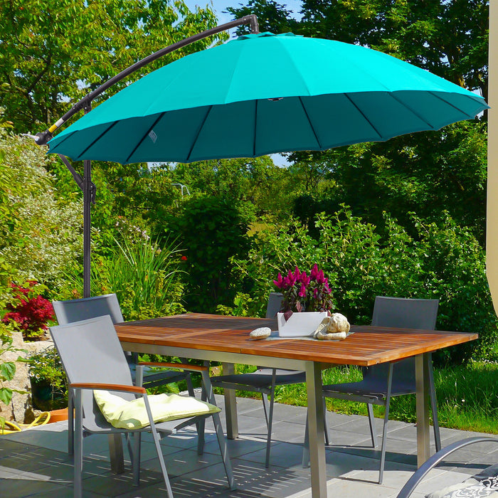 Cantilever Shanghai Parasol - 3m Outdoor Hanging Banana Sun Umbrella with Easy Crank Handle, 18-Sturdy Ribs, Cross Base - Ideal for Garden Shade & Sun Protection, Turquoise