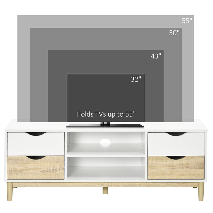 Modern TV Stand with Storage - Accommodates Up to 55" TVs, Shelves & Drawers, 120cm x 40cm x 44.5cm - Ideal for Organized Media Setup in White and Natural Finish