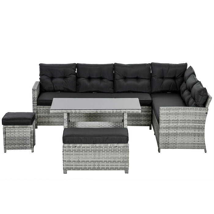 5-Piece Rattan Patio Set with Corner Sofa - Includes Footstools & Glass Coffee Table, Comfy Cushions - Ideal for Outdoor Living & Entertainment Spaces