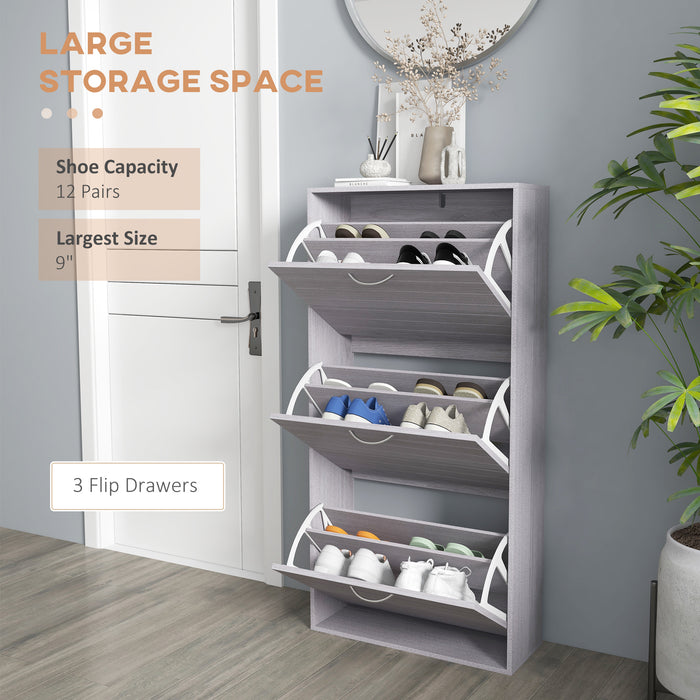 Slim Shoe Storage Cabinet with 3 Flip Drawers - Space-Saving 12-Pair Footwear Organizer - Ideal for Narrow Hallways and Entryways